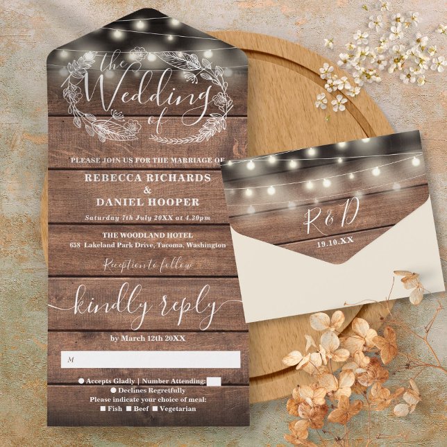 Invitación Todo En Uno Rusn Barn Wood String ilumina el Boda floral todo (Rustic Barn Wood String Lights Floral Wedding All All In One Invitation)