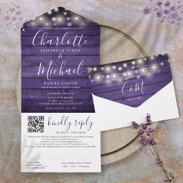 Invitación Todo En Uno Rusple Purple Wood String Lights QR Code Boda