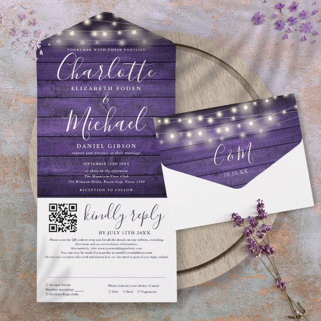 Invitación Todo En Uno Rusple Purple Wood String Lights QR Code Boda (Rustic Purple Wood String Lights QR Code Wedding All In One Invitation)
