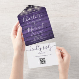 Invitación Todo En Uno Rusple Purple Wood String Lights QR Code Boda
