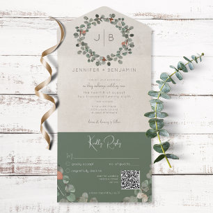 Invitación Todo En Uno Rust & Dark Sage Green Eucalyptus Moderno QR Code