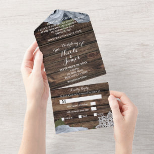 Invitación Todo En Uno Rustic Azul Polvoriento Rosa Encaje Vintage Boda 