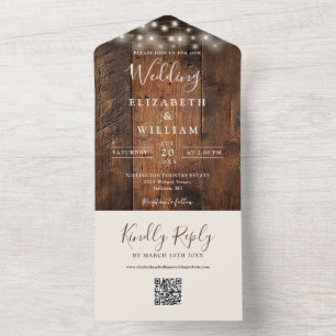 Invitación Todo En Uno Rustic Barn Wood String Lights QR Code Boda