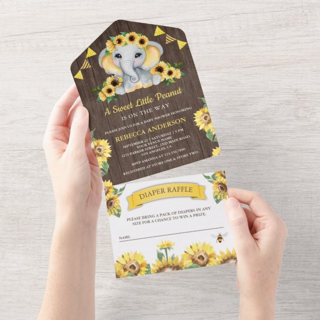 Invitación Todo En Uno Rustic Barn Wood Sunflowers Elephant Baby Shower (desgarro)