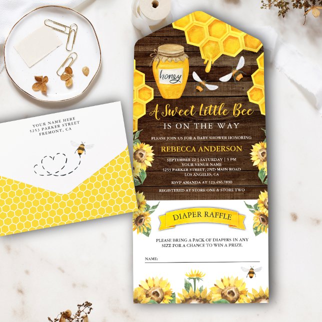 Invitación Todo En Uno Rustic Barn Wood Sunflowers Honey Bee Baby Shower (Subido por el creador)