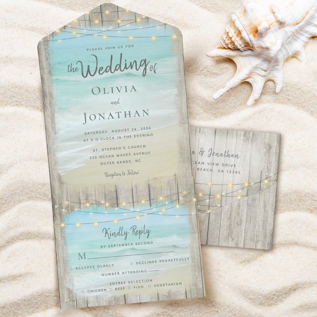 Invitación Todo En Uno Rustic Beach String ilumina la boda de destino (Subido por el creador)
