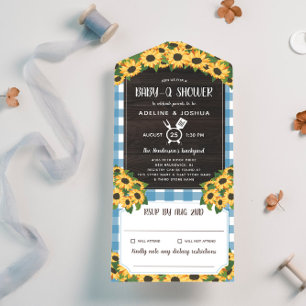 Invitación Todo En Uno Rustic Blue Gingham Sunflowers Baby-Q Shower