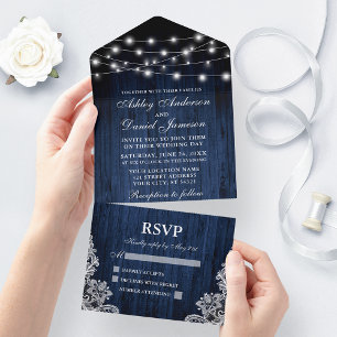 Invitación Todo En Uno Rustic Blue Wood String Lights Lace Boda
