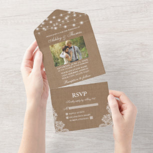 Invitación Todo En Uno Rustic Boda String Lights Lace Burlap Photo