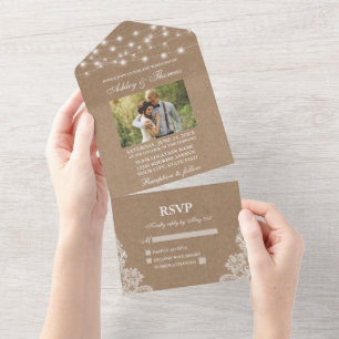 Invitación Todo En Uno Rustic Boda String Luces Lace Kraft Photo