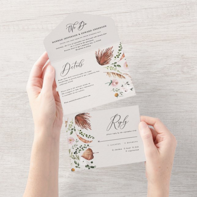 Invitación Todo En Uno Rustic Boho Botanical Script Wedding Invitation (desgarro)