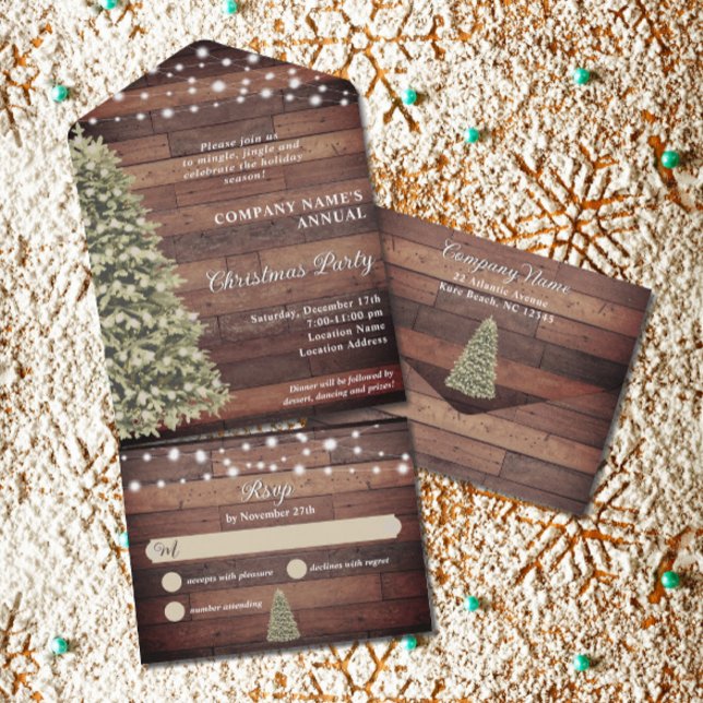 Invitación Todo En Uno Rustic Christmas Tree String Lights Company Fiesta (Subido por el creador)