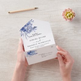 Invitación Todo En Uno rustic dusty blue roses and other flowers