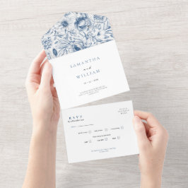 Invitación Todo En Uno Rustic Dusty Blue Roses & Eucalyptus RSVP Wedding 