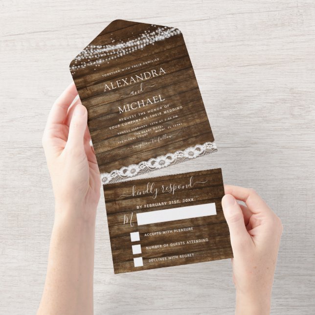 Invitación Todo En Uno Rustic Farmhouse String Lights Lace Wedding RSVP (desgarro)