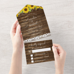Invitación Todo En Uno Rustic Farmhouse Sunflower Lace Wedding RSVP
