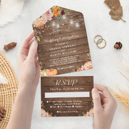 Invitación Todo En Uno Rustic Floral Autumt Pumpkin String Luces Boda