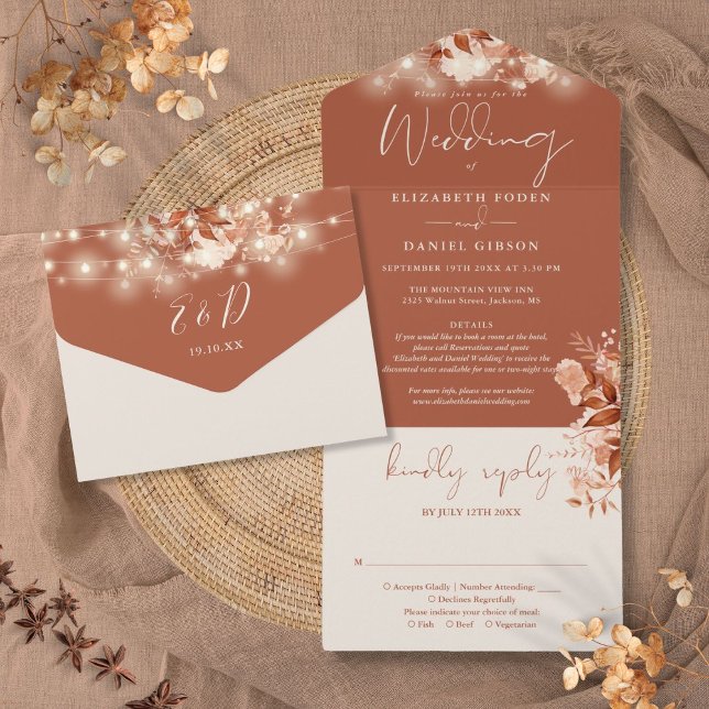 Invitación Todo En Uno Rustic Floral String Lights Details Fall Wedding (Rustic Floral String Lights Details Fall Wedding All In One Invitation)