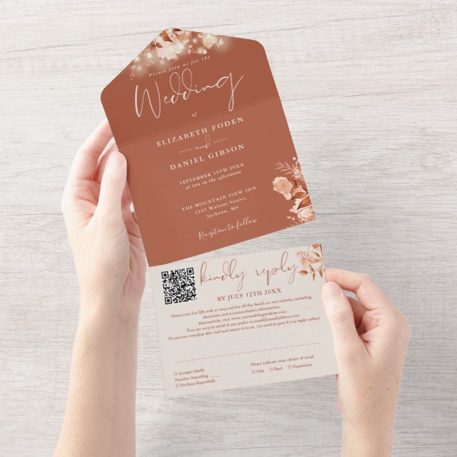 Invitación Todo En Uno Rustic Floral String Luces QR Código Fall Wedding (desgarro)