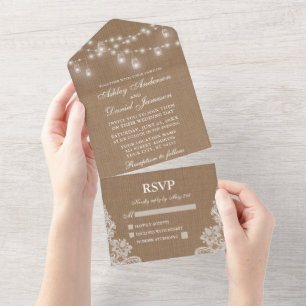 Invitación Todo En Uno Rustic Jar Lights Lace Burlap Boda