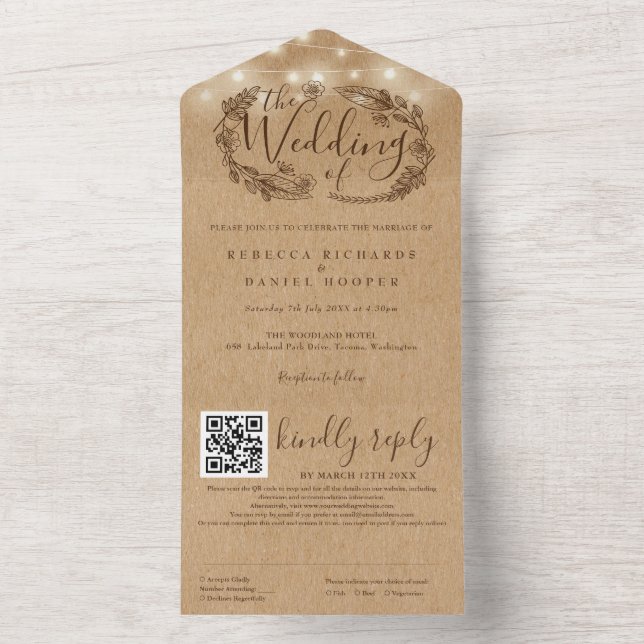 Invitación Todo En Uno Rustic Kraft String ilumina el Boda de código QR (Interior)