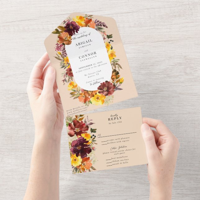 Invitación Todo En Uno Rustic Marsala Naranja quemado caída Wreath (desgarro)