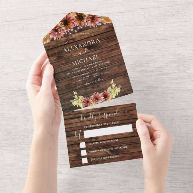 Invitación Todo En Uno Rustic Otoño Fall Sunflowers Wedding RSVP (desgarro)