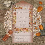 Invitación Todo En Uno Rustic Otoño Rubor Wildflowers Rust Dinner<br><div class="desc">TAMBIÉN ESTÁ DISPONIBLE CON UN CÓDIGO QR PARA ESCALAR EN EL ÁREA RSVP. Este diseño sencillo y elegante está decorado con flores silvestres de otoño sobre un suave y blanco paradisíaco sobre un fondo rojizo. La solapa delantera contiene las primeras iniciales de la novia y el novio. Las invitaciones todo...</div>