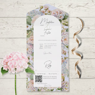 Invitación Todo En Uno Rustic Pastel Hydrangeas Periwinkle Arch QR Code