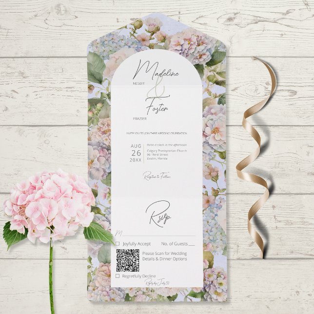 Invitación Todo En Uno Rustic Pastel Hydrangeas Periwinkle Arch QR Code (Subido por el creador)