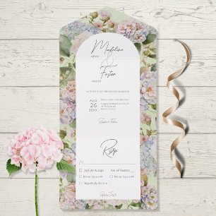 Invitación Todo En Uno Rustic Pastel Hydrangeas Sage Green Arch Dinner