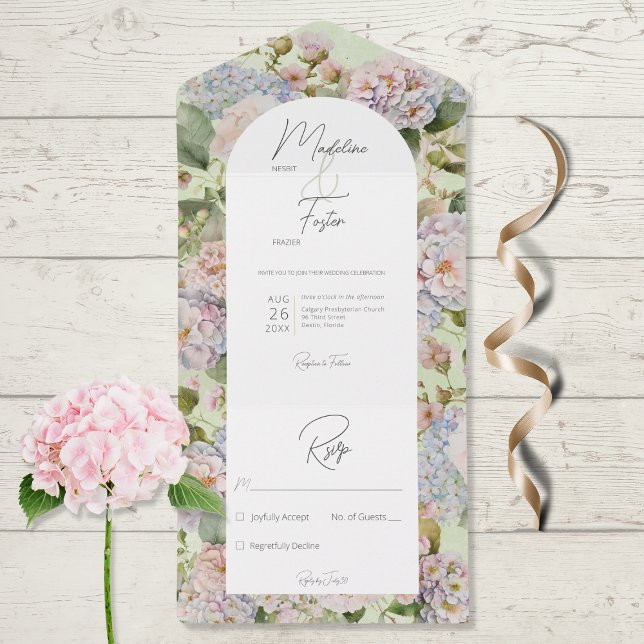 Invitación Todo En Uno Rustic Pastel Hydrangeas Sage Green Arch Sin Cena (Subido por el creador)