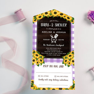 Invitación Todo En Uno Rustic Purple Gingham Sunflowers Baby-Q Shower