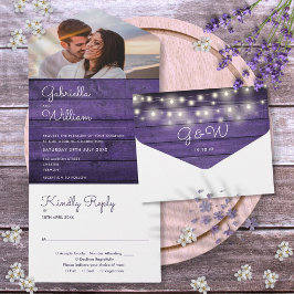 Invitación Todo En Uno Rustic Purple Wood String Lights Photo Boda