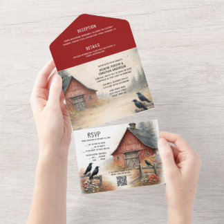 Invitación Todo En Uno Rustic Red Barn, Crows, Farmstead Rural Wedding |