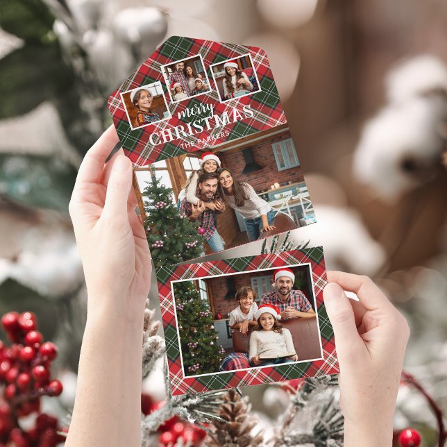 Invitación Todo En Uno Rustic Red/Green Plaid Merry Christmas 4-Photo (Subido por el creador)