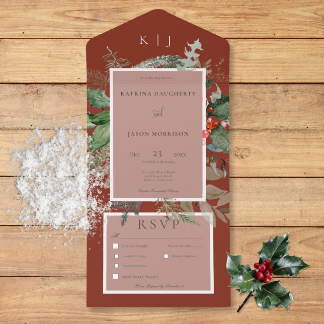 Invitación Todo En Uno Rustic Red Winter Holly & Pine Tres Cenas (Rustic Red Winter Holly & Pine Three Dinner All In One Invitation)