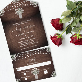 Invitación Todo En Uno Rustic String Lights Mason Jar Floral Boda
