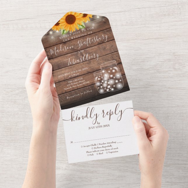 Invitación Todo En Uno Rustic String Lights Mason Jar Sunflowers Boda (desgarro)