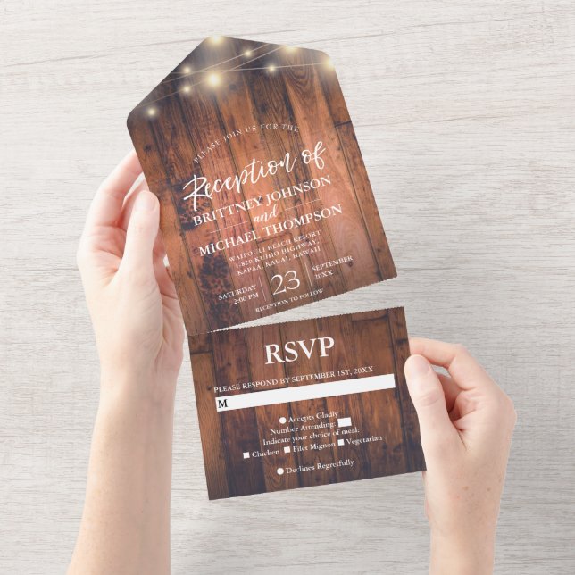 Invitación Todo En Uno Rustic String Lights Wedding Reception (desgarro)