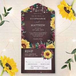 Invitación Todo En Uno Rustic Sunflower Burgundy Roses Lights Wedding