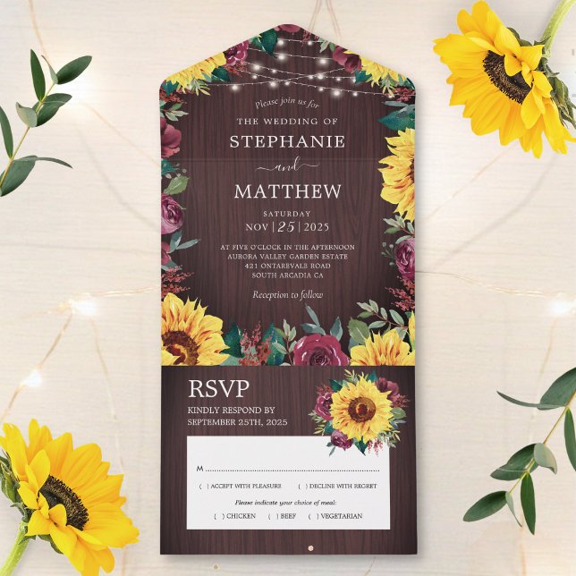 Invitación Todo En Uno Rustic Sunflower Burgundy Roses Lights Wedding (Subido por el creador)