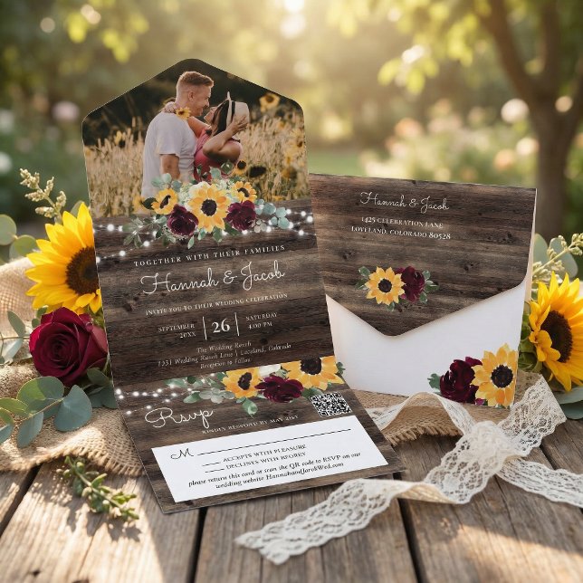 Invitación Todo En Uno Rustic Sunflower Roses Photo QR Code Wedding (Subido por el creador)