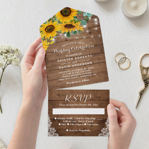 Invitación Todo En Uno Rustic Sunflowers String Lights Lace Boda