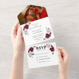 Invitación Todo En Uno Rustic White Maroon Rose Floral Wedding