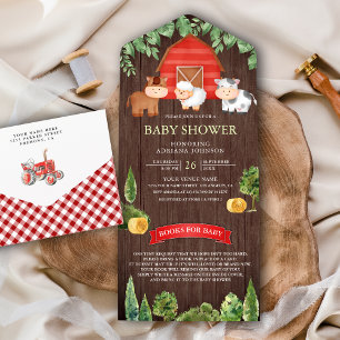 Invitación Todo En Uno Rustic Wood Barnyard Cute Farm Animals Baby Shower