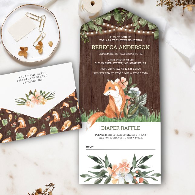 Invitación Todo En Uno Rustic Wood Cute Fox Woodland Baby Shower (Subido por el creador)