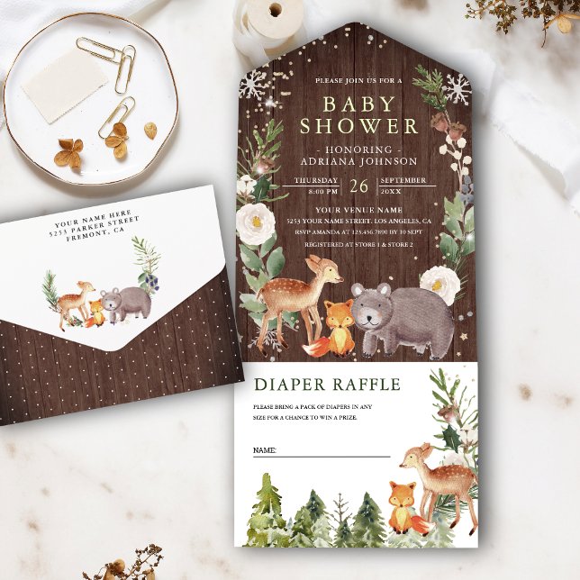 Invitación Todo En Uno Rustic Wood Forest Animals Woodland Baby Shower (Subido por el creador)