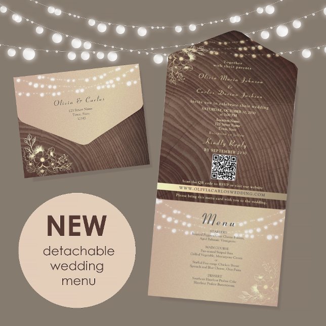 Invitación Todo En Uno Rustic Wood Gold Floral Wedding (Subido por el creador)