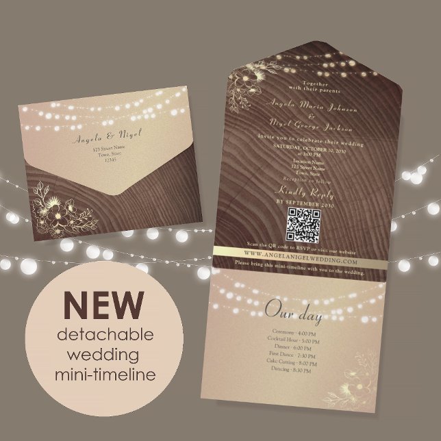 Invitación Todo En Uno Rustic Wood Lights Timeline Wedding (Subido por el creador)